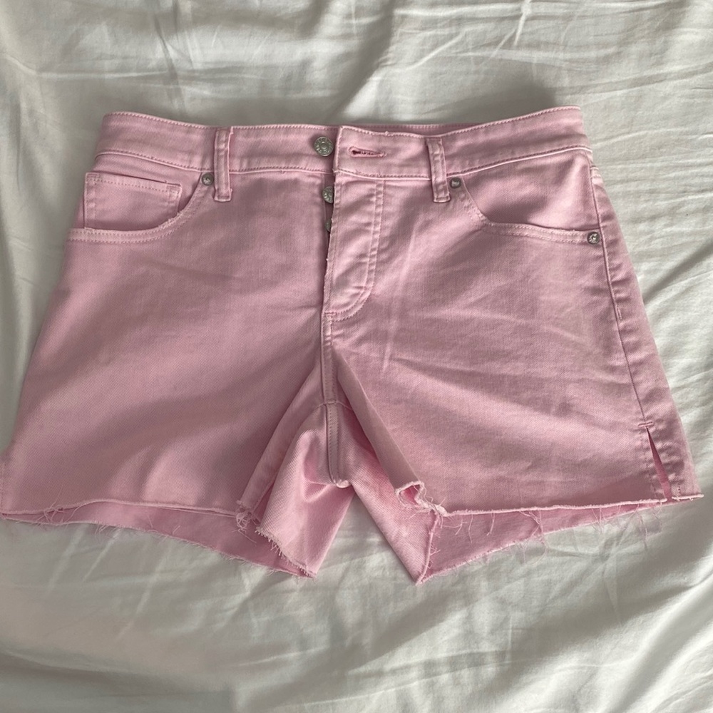 Express Boyfriend Midi Mid-Rise Pink Jean Shorts